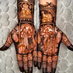 This design showcases my expertise in portraiture, with stunning depictions of Radha-Krishna and Shiva-Parvati. I can weave your personal stories and beliefs into your bridal henna.