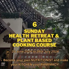 Become your own nutritionist and make your kitchen your pharmacy. This flyer for our 6-Sunday Health Retreat captures the essence of our program, set against the backdrop of our beautiful Natureville wellness center.