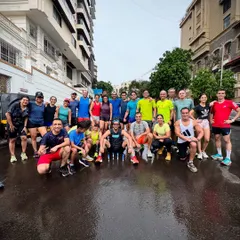 The whole crew out for a Sunday run, even when the streets are wet. We show up no matter the weather, because consistency is key to progress.