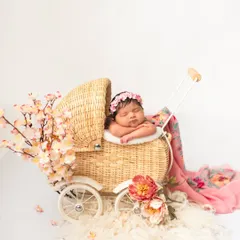 There is nothing more precious than a brand new baby. For my newborn photography sessions, I love using classic props like this wicker pram and soft florals to create a timeless, peaceful portrait of your little one.