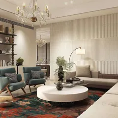 Another view of the same living area, highlighting the fluted wall paneling and the comfortable seating arrangement, designed to encourage conversation and relaxation.