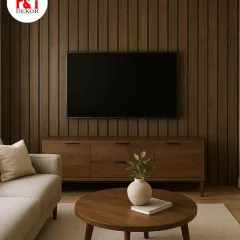 Here is another angle of the 5G fluted panel TV wall, this time in a darker walnut finish. It creates a warm, cinematic backdrop that makes the entire living room feel more luxurious.