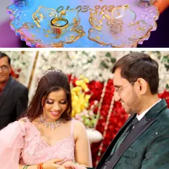 The ring exchange is the central moment of any engagement. This collage highlights both the personalized ring platter and the moment the groom places the ring on his bride's finger.