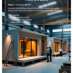 The first step is the factory build. Instead of constructing everything on your land, we build the walls, floors, and roof in a climate-controlled factory. This means faster construction, higher quality, and no weather delays.