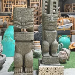 A full view of our new greenstone statues, which blend Incan themes with Balinese craftsmanship. These bold figures are perfect for adding a touch of ancient mystique and architectural interest to your space.