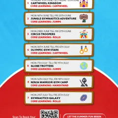 Our summer camp schedule is packed with exciting weekly themes like Cartwheel Kingdom and Ninja Warrior. Scan the QR code to book your slot and join the fun.