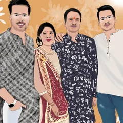 A classic family portrait showing the parents with their two sons. I take care to illustrate everyone's features and outfits from the reference photo to create a keepsake the whole family can treasure.