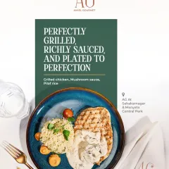 A plate full of satisfaction. This dish features tender grilled chicken served with a creamy, earthy mushroom sauce and fragrant pilaf rice. It's a comforting and delicious meal for any occasion.