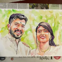 A couple's portrait painted with digital watercolors, shown here on paper before framing. The vibrant colors and fluid strokes are characteristic of this style.