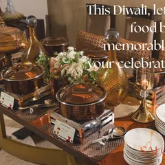 A warm and inviting Diwali buffet with traditional copper serveware. The message says it all: the food should be as memorable as the celebration.