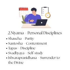 The second limb, Niyama, focuses on personal disciplines. These include Shaucha (purity), Santosha (contentment), and Svadhyaya (self-study), which help cultivate a positive inner environment.