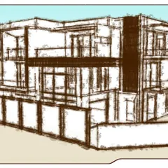 The design journey often starts with a rough digital sketch like this. This "on paper" concept helps establish the basic form, massing, and key architectural elements of the project.