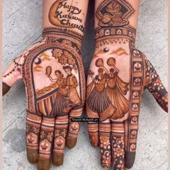 Celebrating Karwa Chauth with art that tells your story. This design combines a classic couple portrait with a scene of friends celebrating together, all under a 'Happy Karwa Chauth' blessing. It shows the complete emotion of the festival.