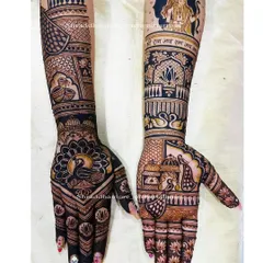 A divine blessing for a new beginning. This custom bridal mehendi features a serene portrait of Lord Ram, bringing a spiritual and personal touch to the bride's hands.