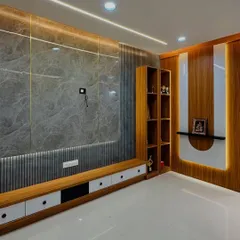 Another angle of the TV and partition unit, showing how the elements work together. The open display shelf on the right is perfect for showcasing decor and awards, seamlessly integrated with the main TV panel.