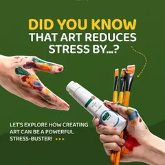 An eye-catching graphic with paint-covered hands, introducing the idea that art is a powerful stress-buster.