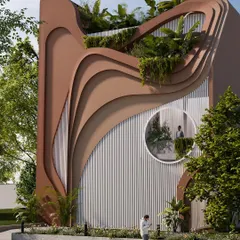 Another angle of the "Water & Wind" facade, showing the interplay of the solid, earthy-toned curves and the vertical white panels.