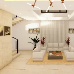 This 3D concept for a spacious living room uses a neutral color palette with white sofas and warm wood tones. The design includes a double-height ceiling area with modern pendant lights and large windows for a bright, airy feel.
