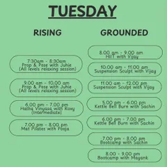Ready to invest in you? Our Tuesday schedule offers a mix of Prop & Pose Yoga, Hatha Vinyasa, HIIT, Kettle Bell Burn, and more.