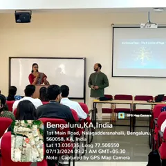 As a resource person for Christ University, we conduct a lecture on the principles of yoga for BCom students. This image shows us explaining the concept of the Anahata (Heart) Chakra, bridging traditional yogic knowledge with modern academic settings to promote holistic student wellness.