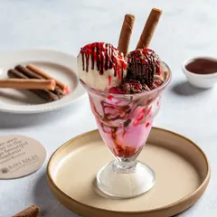 A classic tutti-frutti ice cream sundae with chocolate and strawberry sauce, topped with wafer sticks.
