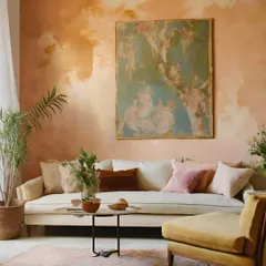 This image showcases a room with a beautiful limewash-effect wall, one of the trending interior materials. This texture adds depth and a warm, organic feel to the space.