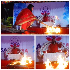 A collage from our Fire Meditation Event in Vijayawada. Maa Aditiji is seen making offerings to the fire as Guruji guides the Satsang, demonstrating how we combine ritual and teaching for a holistic spiritual experience.
