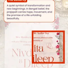 In Bengali belief, the 'prajapati' or butterfly is a symbol of hope and new beginnings. Including it in the design was a quiet nod to the couple's beautiful journey of transformation ahead.