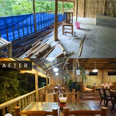 Another before and after view, this time of the restaurant's seating area. The image demonstrates how I used bamboo to construct everything from the railings to the tables and chairs, creating a cohesive, natural environment.