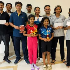 Our players and coaches pose together after an incredible performance at the Thane District Championship, securing 3 gold, 1 silver, and 9 bronze medals across various categories.