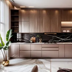 This sleek kitchen combines textured wood-grain upper cabinets with smooth, neutral-toned lower cabinets. A dramatic black marble backsplash with white veining creates a stunning contrast and focal point.