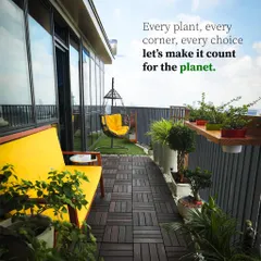 Every plant, every corner, every choice can make a difference. This Earth Day feature shows a bright, sunny balcony with vibrant yellow furniture, wooden deck flooring, and a variety of potted plants, creating a cheerful and eco-friendly sanctuary.