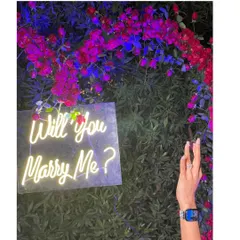 A close-up of the "Will you Marry Me?" neon sign, which adds a modern and personal touch to this beautiful garden proposal setup.