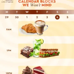 We think the best way to schedule your day is around treats. This visual menu shows how our offerings fit any part of your day, including a breakfast croissant and coffee, a lunch sandwich and brownie, and a late-night cupcake and red velvet slice.