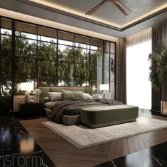 I designed this modern bedroom to be a retreat embraced by nature. The floor-to-ceiling windows blur the line between indoors and out, while the black marble floor provides a dramatic contrast to the green and earthy tones.