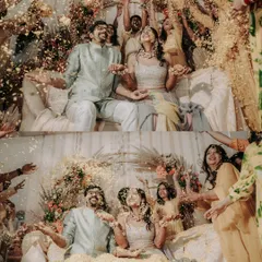 A classic Haldi moment, being showered with flower petals by loved ones. We capture the pure joy and celebratory spirit of this beautiful pre-wedding ritual.