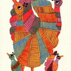 An example of Gond art, a vibrant tribal art form from Madhya Pradesh. Our classes explore its unique patterns and storytelling elements.