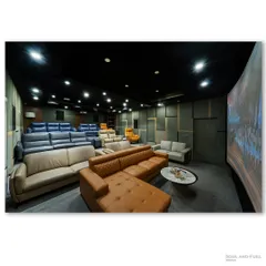 A luxury home theater showroom, displaying a variety of high-end seating options from plush recliners to comfortable sectional sofas. The image showcases the range of products in a realistic, cinematic setting.