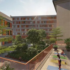 Wellness is a key part of community design. This render shows a dedicated yoga and exercise deck overlooking the central green space, providing residents with a serene environment to connect with nature while they stay active.