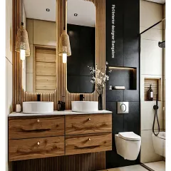 This bathroom combines natural wood textures with matte black fixtures for a warm, contemporary feel. The dual sinks and large mirrors make it a perfect vanity for a couple.
