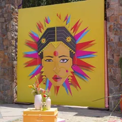 We love adding quirky and artistic elements to our decor. This large, colorful pop art panel served as a fantastic photo backdrop, perfectly capturing the fun and peppy spirit of the Haldi celebration.