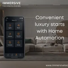 Convenient luxury starts with home automation controlled from a single app. This graphic shows a smartphone interface that provides access to lights, music, climate, security, and cameras, putting your entire home in your hand.