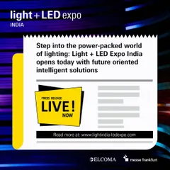A live press release announcing the opening of the expo, highlighting future-oriented intelligent solutions and India's leadership in global lighting.