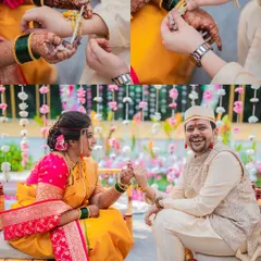 A collage of the 'kankan' ritual in a Maharashtrian wedding, where a sacred thread is tied on the couple's wrists.