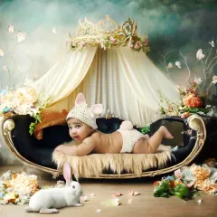 I create elaborate, dream-like setups to make your child's photoshoot truly magical. This royal bunny theme shows the level of detail and creativity I bring to each session, whether at my studio or your home.