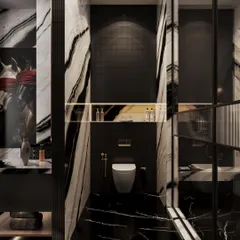 The toilet is enclosed in a space clad with the same dramatic black and white marble, creating a seamless and immersive experience. A gold-accented niche adds a touch of warmth.