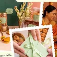 Make family moments extra special with my festive hampers. This collage shows the joy of gifting and receiving a box of my wholesome, classy, and memorable treats.