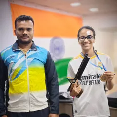 Veyanka with her coach, Aditya Rastogi, after her gold medal win. The partnership between a student and coach is key to achieving greatness.