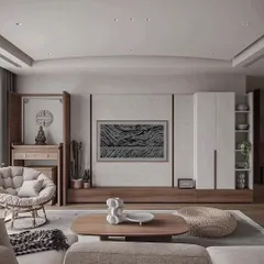This living room design blends modern minimalism with a touch of Indian tradition, featuring a dedicated pooja or prayer unit. The space is characterized by clean lines, natural wood tones, and a calm, uncluttered layout that includes a comfortable papasan chair.