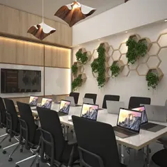 This is a 3D visualization of a conference room that balances technology and nature. The design incorporates a large screen and whiteboard space, while the unique honeycomb shelving with integrated planters serves as a living wall, promoting a calm and creative atmosphere.